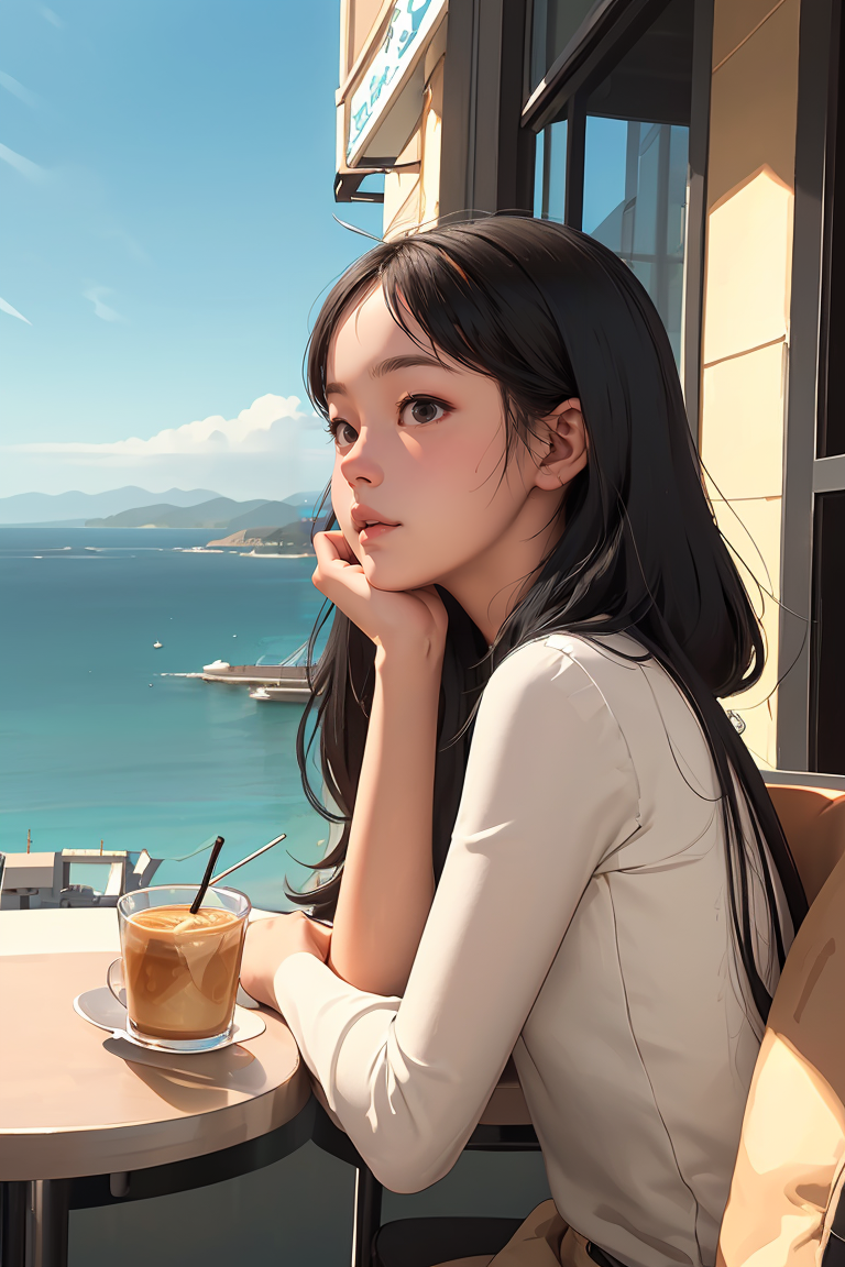 (best quality, masterpiece), 1girl sticks her chin out at a caf overlooking the sea and takes in the view., from side,
